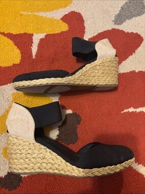 Chaps Black and Natural Espadrille Wedge Sandals